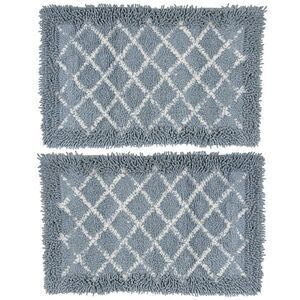 Gold Coast Shaggy Cotton Lattice Blue and White Bath Rug 28" x 18" Set of 2